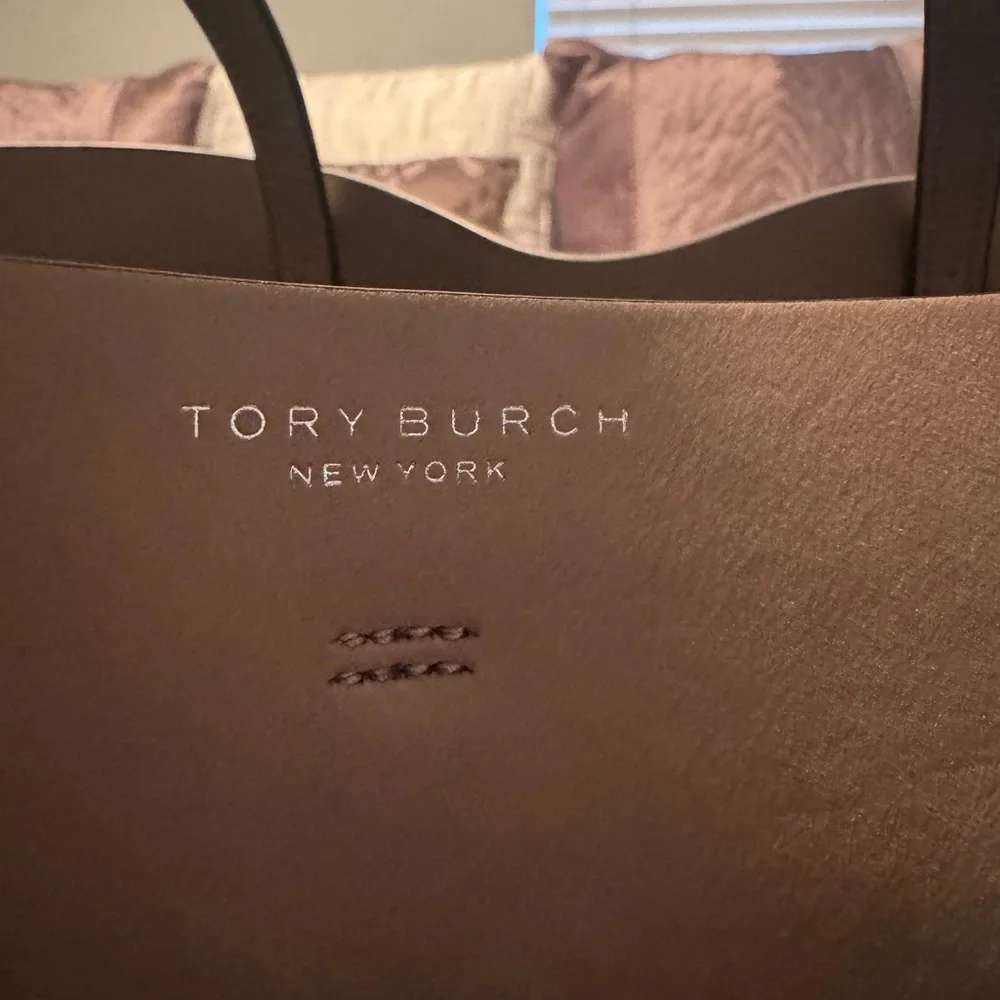 Authentic Tory Burch French Gray Suede and Leather Block T Tote Bag